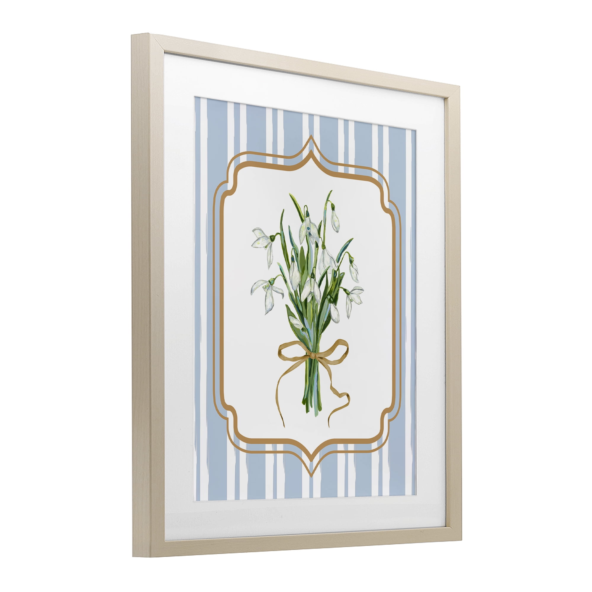 White Flower Bundle on Stripes Birch Framed Print Under Glass, design by Adonna Ebrahimi