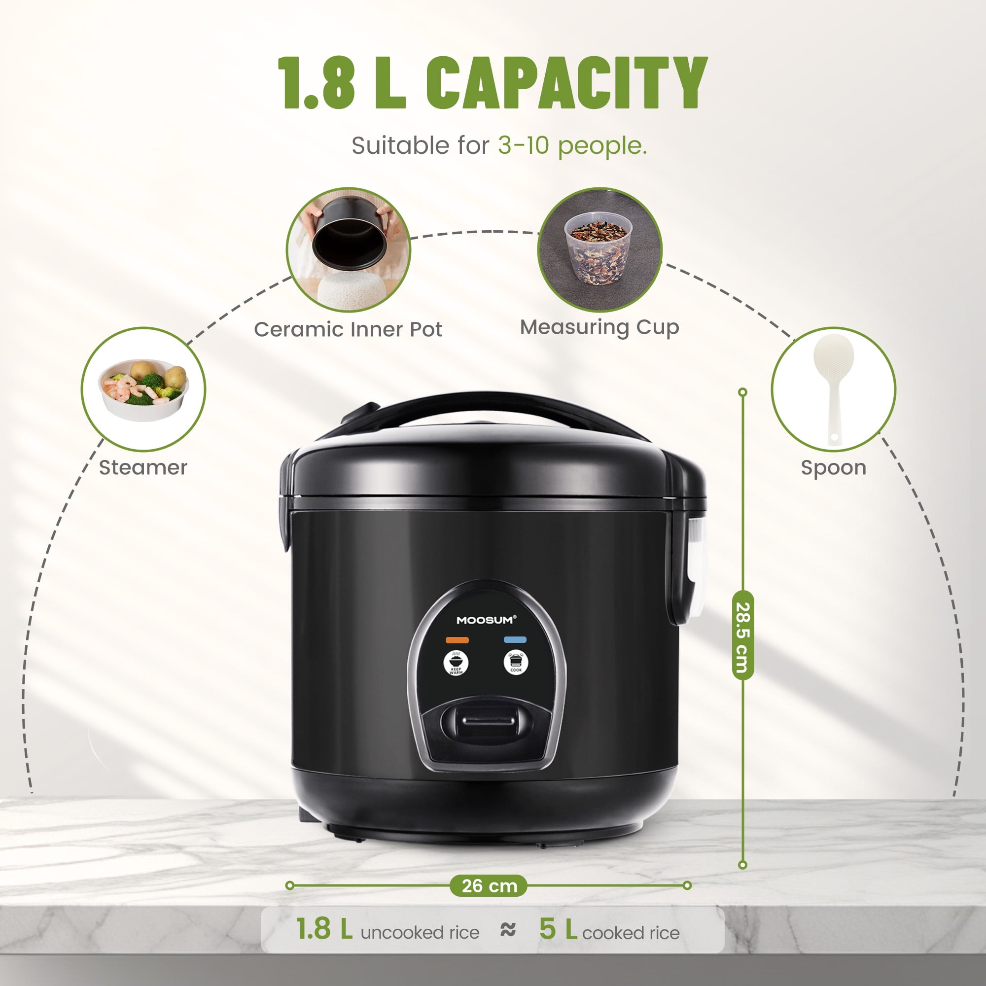 Moosum Rice Cooker Maker 10-Cup(Uncooked) with Steamer, Ceramic coating, BPA Free, Large capacity, Black