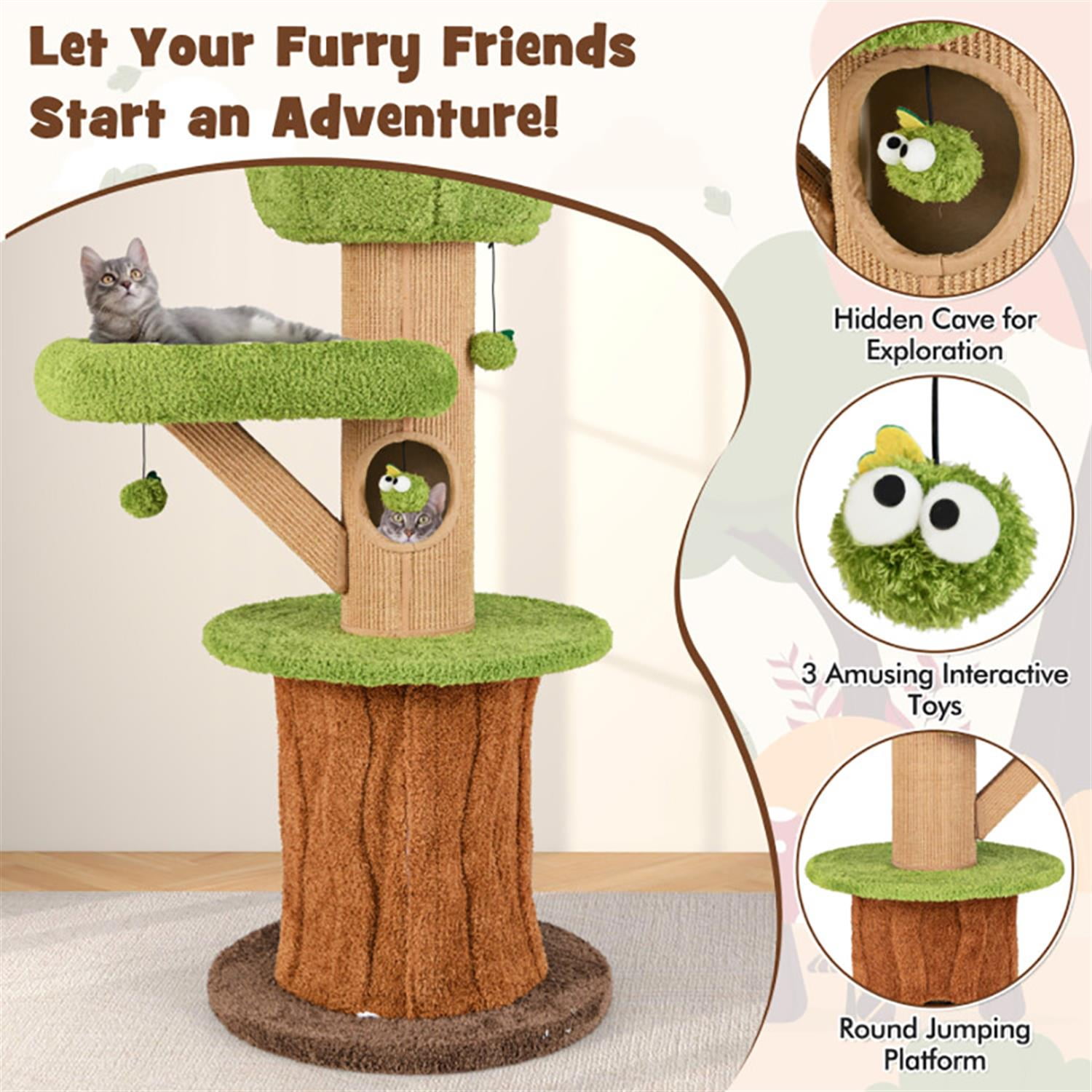 resenkos 58" Cat Tree Tower with 2 Cute Condos for Indoor Cats, Plush Cat House with Plush Perch and Teasing Balls, Brown