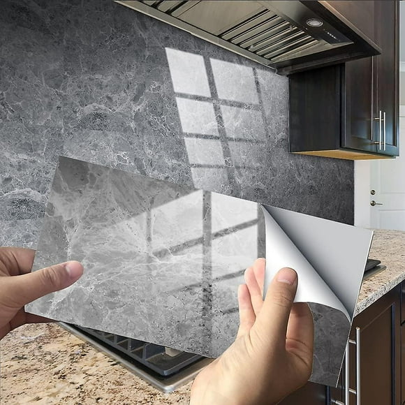 Peel And Stick Wallpaper For Kitchen Backsplash, Self-Adhesive Backsplash In PVC Grey Marble Tiles, Waterproof Grey Marble Film For Cabinets And Walls (16Pcs)
