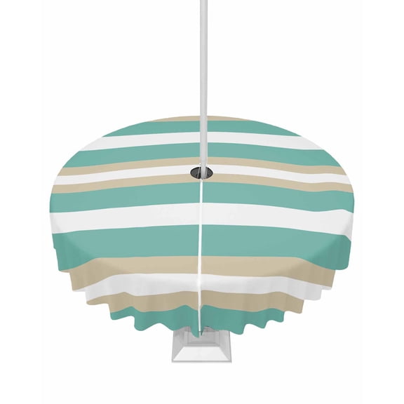 Hokiten Outdoor Tablecloths with Umbrella Hole & Zipper, Turquoise Khaki Striped Round Tablecloths 60 Inch, Modern Minimalism Abstract Art Waterproof Table Cloth, Patio/Pool/Picnic Table Covers