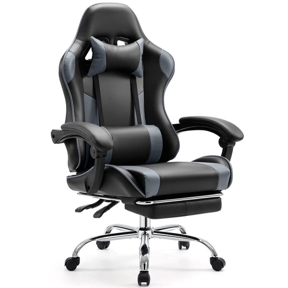 Atilioo Ergonomic Gaming Chair, Home Office Desk Chair with Footrest and Lumbar Support, Adjustable Swivel Leather Task Chair with Headrest & Fixed Up Armrest, Gray