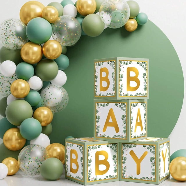 Set de decoración con globos sorpresa verdes | Cajas de cartón con diseño de letras "BABY" para baby showers, fiestas de cumpleaños y reuniones familiares | Embalaje de regalo ecológico y resisten