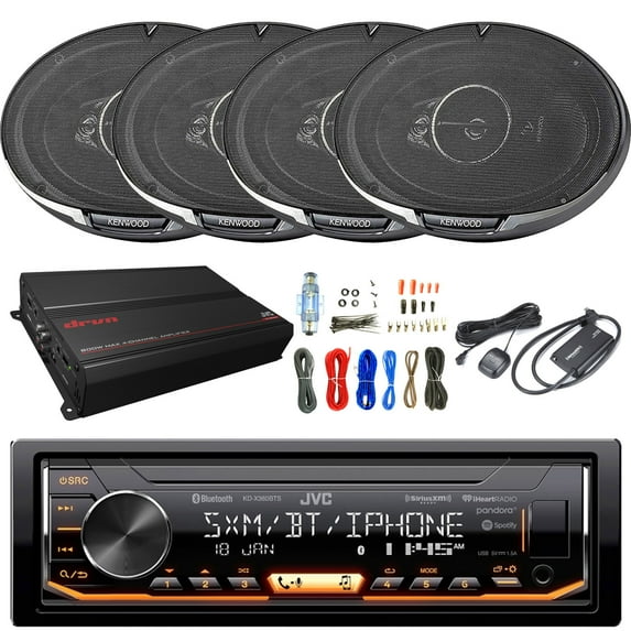 Single-DIN Bluetooth AM/FM Digital Media SiriusXM Ready Stereo Receiver, 4 x Kenwood 6x9" 2-Way Audio 600W Speakers, 4-Channel Amplifier, Satellite Radio Tuner Kit, Amp Wiring Kit