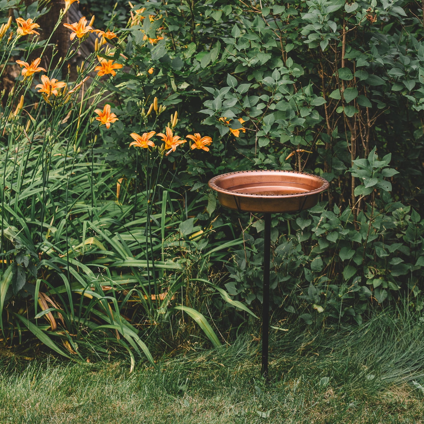 Backyard Expressions Oval Copper Finish Resin Garden Bird Bath with Ground Stake