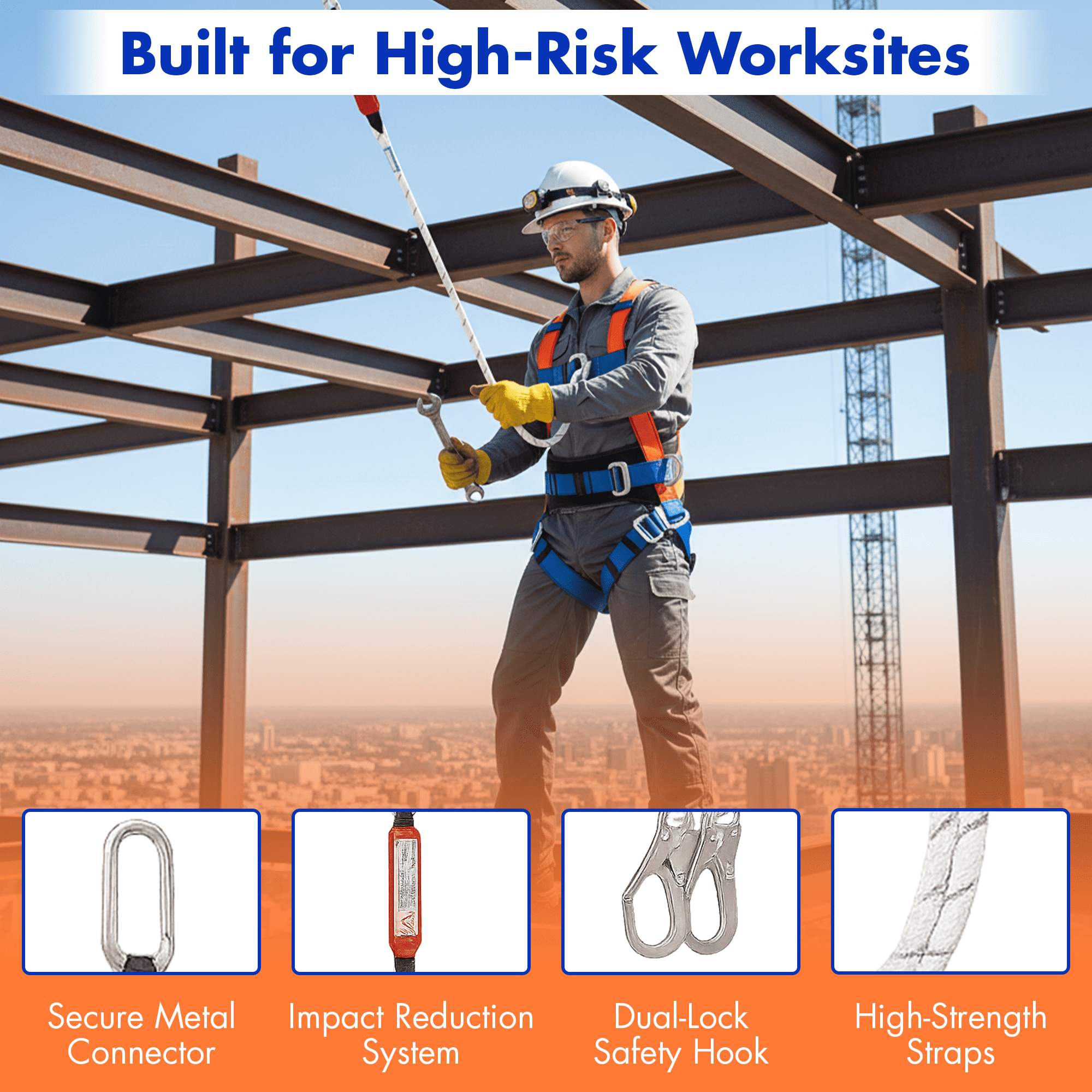 Safety Harness Fall Protection, Full Body Roofing Harness with Shock Absorbing Lanyard, Fall Protection Harness Kit, Construction Harness for Men