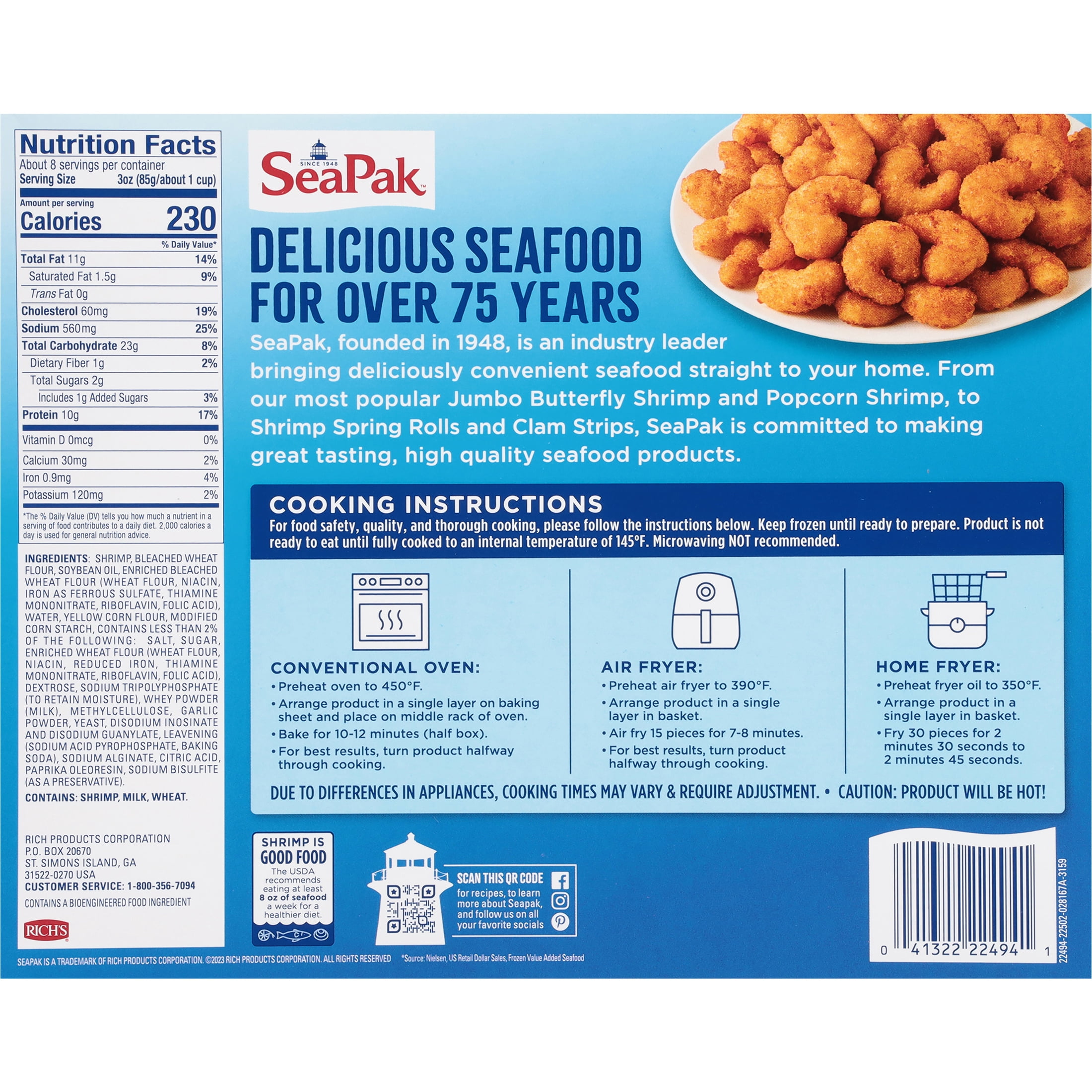 SeaPak Oven Crispy Popcorn Shrimp, Ready to Bake, 25 oz (Frozen Seafood)