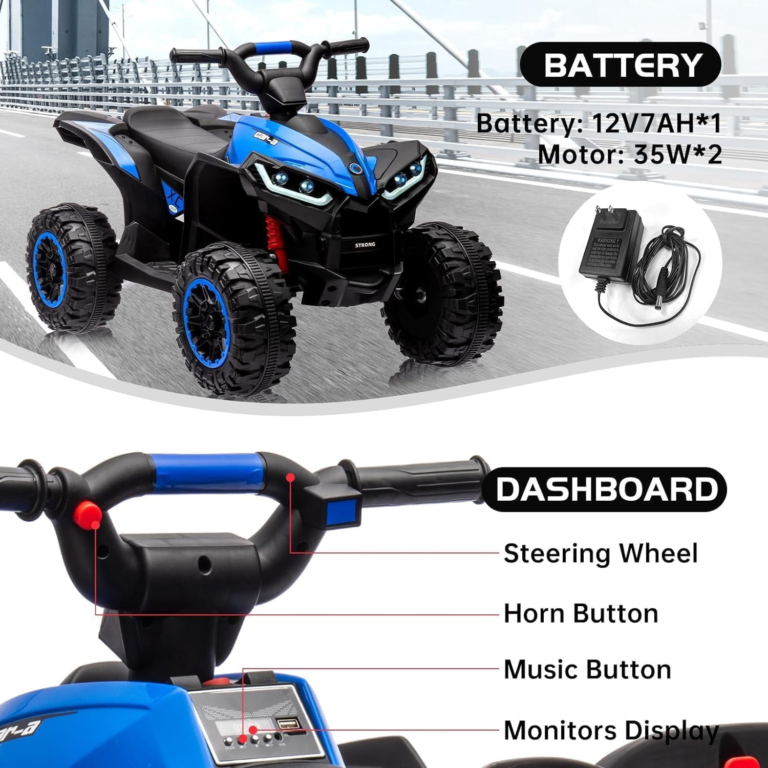 Roromall 12V Kids Ride On ATV, Battery Powered, Electric 4-Wheeler with Music, Led Lights, High and Low Modes, USB, Treaded Tires, Suitable for Boys and Girls