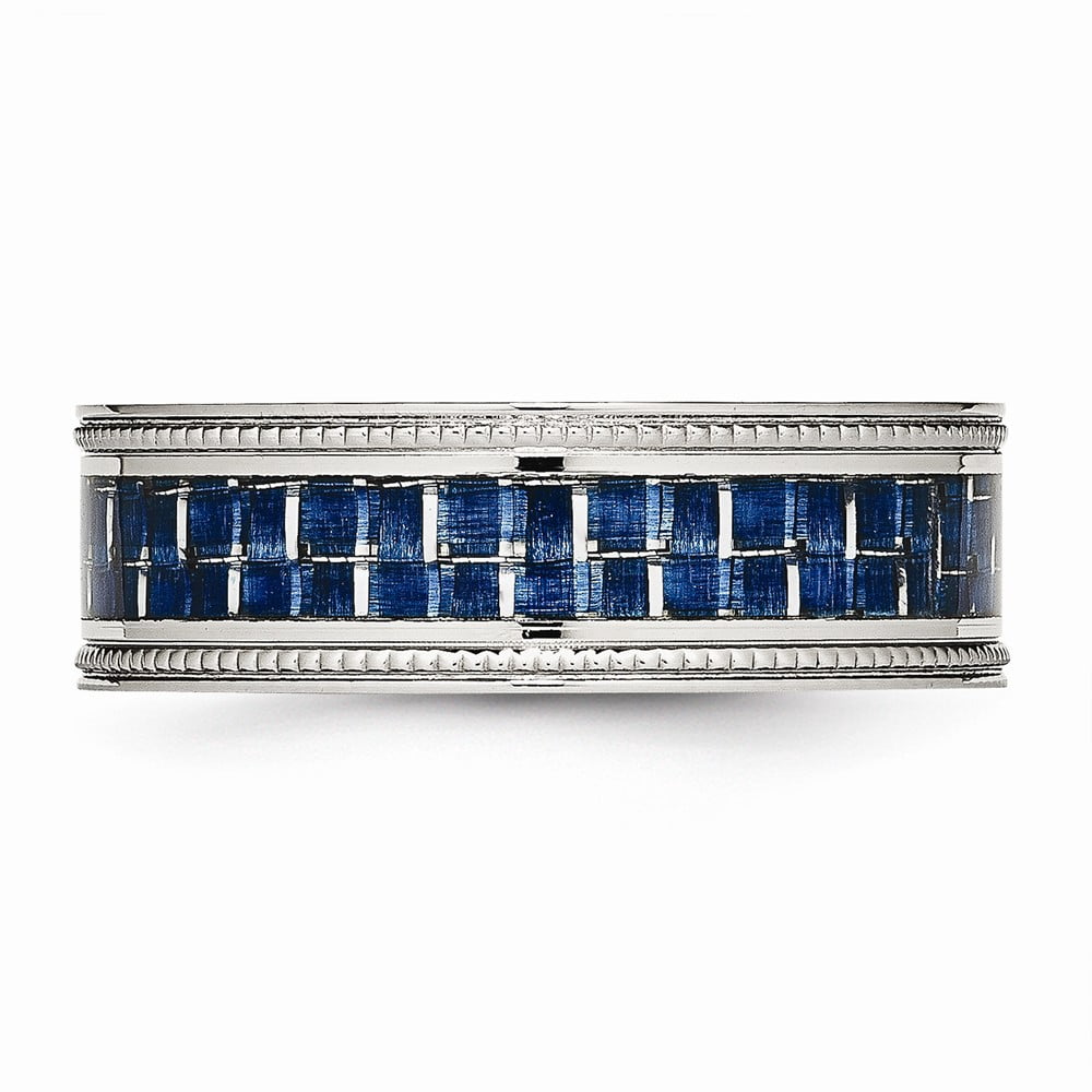 8mm Stainless Steel Polished With Blue Carbon Fiber Textured Edge Ring Size 12 Ring for Women