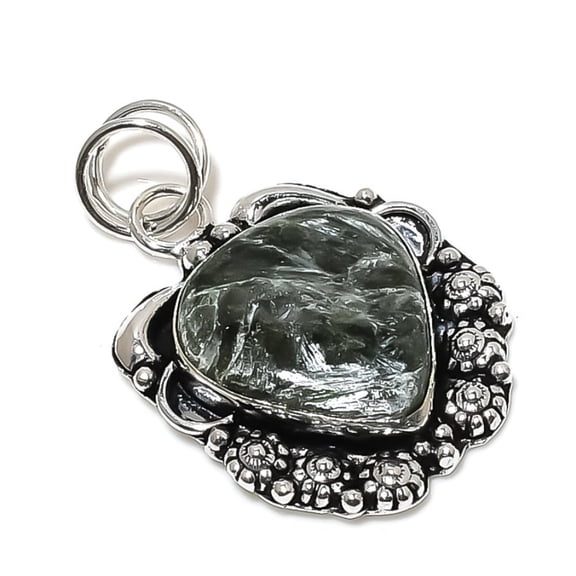 Natural Seraphinite Gemstone Handmade 925 Sterling Silver Pendant 1.77"