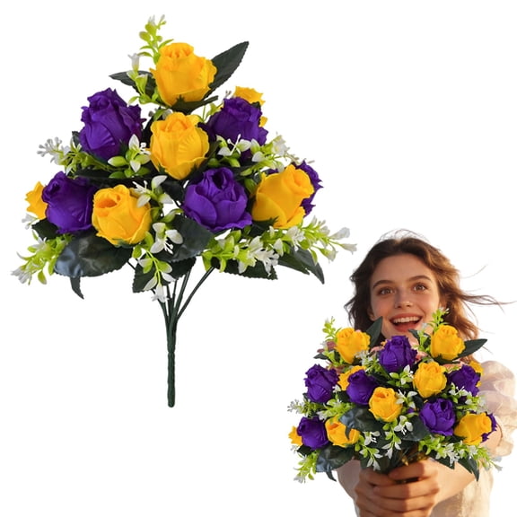 Z52LingLing Decoration 12-Head Purple-and-Yellow Artificial Rose Bouquet - All-Purpose Durable Faux Flowers for Wedding Centerpiece, Bridal Bouquet, Home Vase, or Birthday Decor