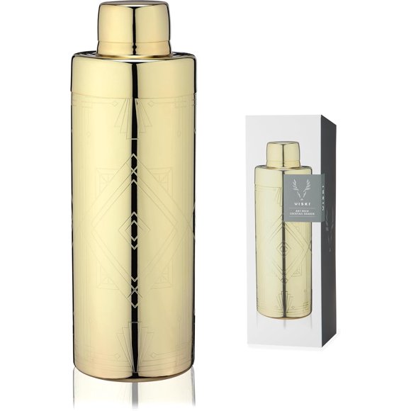 Viski Art Deco Gold Cocktail Shaker, 24 oz Etched Stainless Steel Shaker with Strainer & Gold Finish