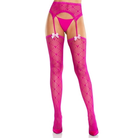 Magenta Heart Lace Trimmed Heart Net Stockings - Net Stockings - With Garter Belt - Os