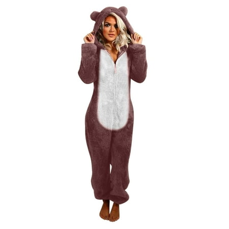 

Inkach Women Long Sleeve Hooded Jumpsuit Pajamas Casual Winter Warm Rompe Sleepwear