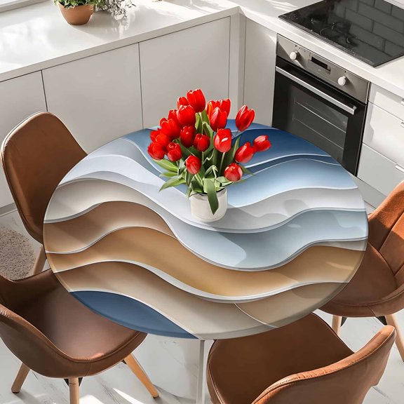 Ocean Blue Ombre Elastic Fitted Round Tablecloth Abstract Art Waterproof Outdoor Table Cover for Holiday Party, Picnic, Patio & Dining Fits Tables Up to 36"-44"