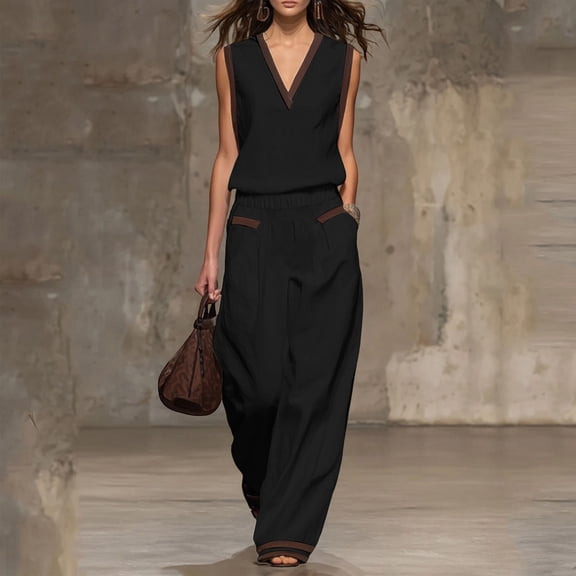 ClodeEU Women's Color Block V Neck 2-Piece Outfit,Casual Summer Sleeveless Top and Wide Leg Pants Set Black,Women's Plus L