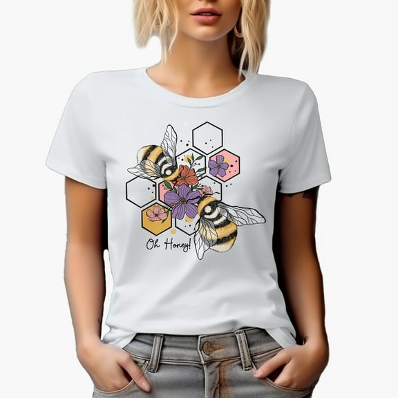 Oh Honey! 2 Bees & Flowers on Honeycomb Cells Art, Bee Lover Merch Gift, White T-Shirt, Small
