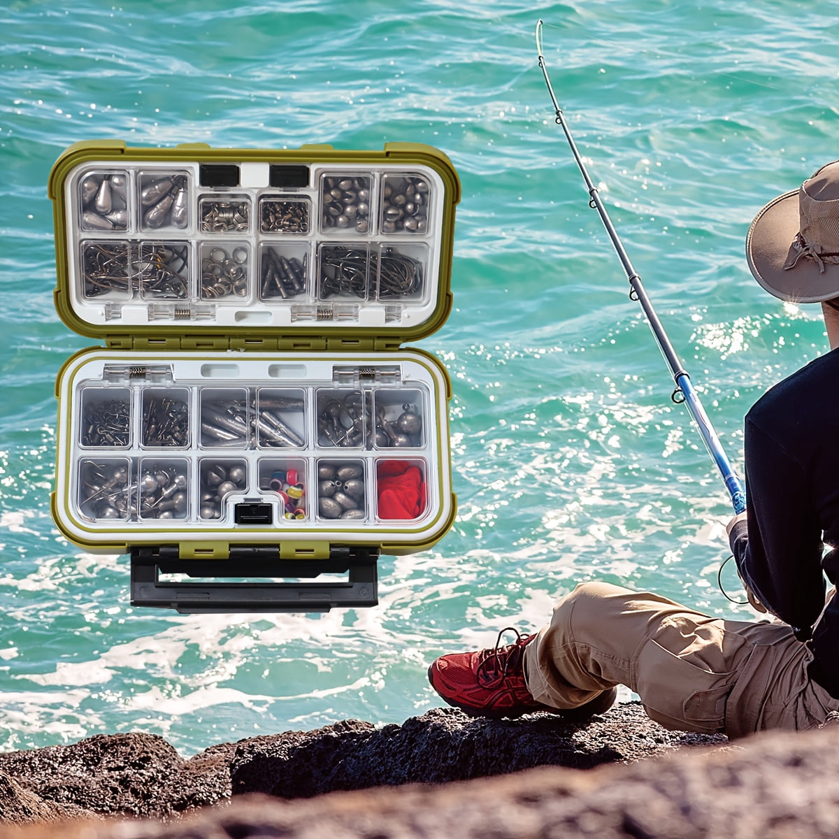 329Pcs All-in-One Waterproof Fishing Tackle Kit, Complete Fishing Gear Set with Hooks Sinkers Swivels Connectors Lines Split Rings Carabiners with Waterproof Storage Box for Freshwater Saltwater