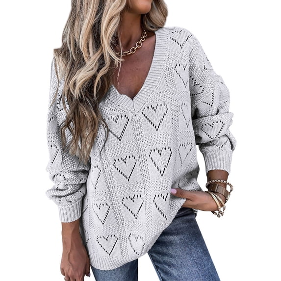 TWZH Women Solid Color Hollow Out Heart Pattern Print V Neck Knitwear Sweater Tops