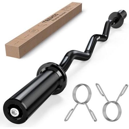 Olympic EZ Curl Barbell Bar, 47" Curl Bar with 2 Spring Collars, Curling bar for Weight Lifting, Squat, Hip Thrusts, Biceps, 500lb Weight Capacity, E-Coat Finish for 2 inch Weight Plates (Black)