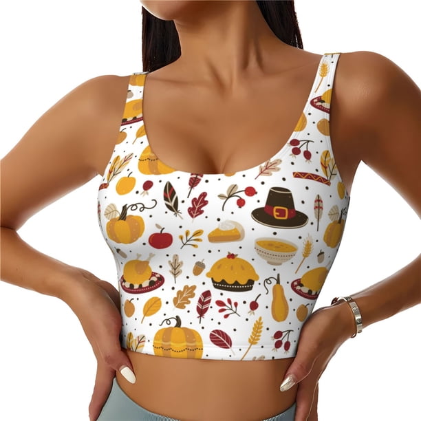 Fotbe Thanksgiving Sujetador Deportivo Largo sin Aros para Mujer con Almohadillas y Soporte Medio, Transpirable y Absorbente, Camiseta Tipo Chaleco o Tank Top-Large