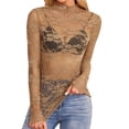 thumbnail image 2 of Women Oversized Tshirt Summer Mesh Layering Shirt Slim Fit Lace Long Sleeve Blouse Women Tops Khaki XXL, 2 of 9