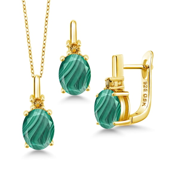 Gem Stone King 7.71 Ct Green Malachite Yellow Citrine 18K Yellow Gold Plated Silver Pendant and Earrings Jewelry Set