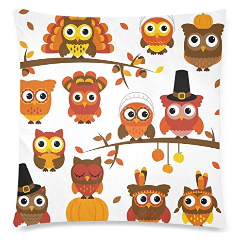 ZKGK Happy Thanksgiving Day Funny Owl Home Decor Pillowcase 18 x 18 Inches,Hispter Turkey Pillow Cover Case Shams Decorative