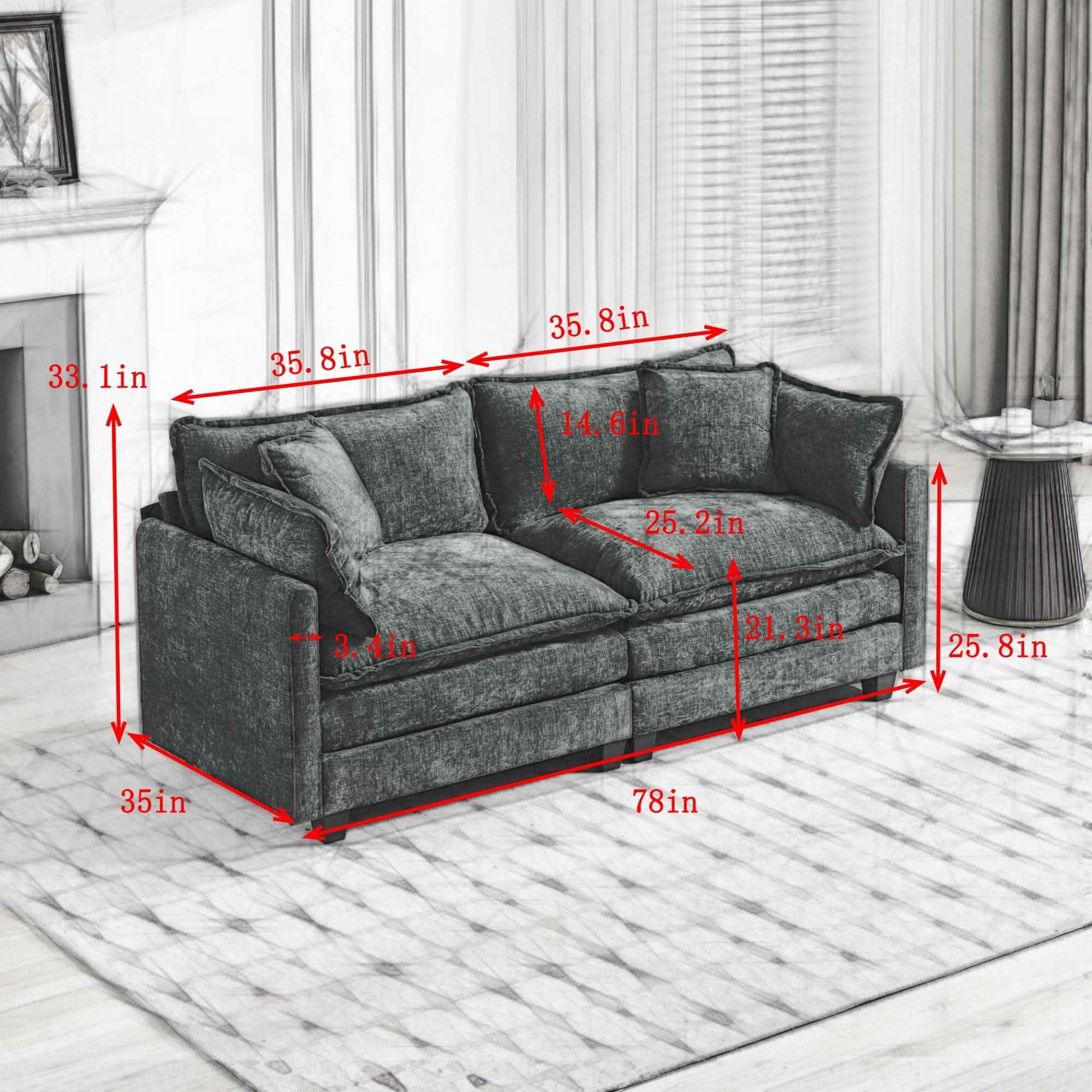 MAYEERTY 76.7 Inch Cloud Loveseat Sofa, Chenille Modular Sectional Couch with Double‑Layer Cushion for Living Room Apartment