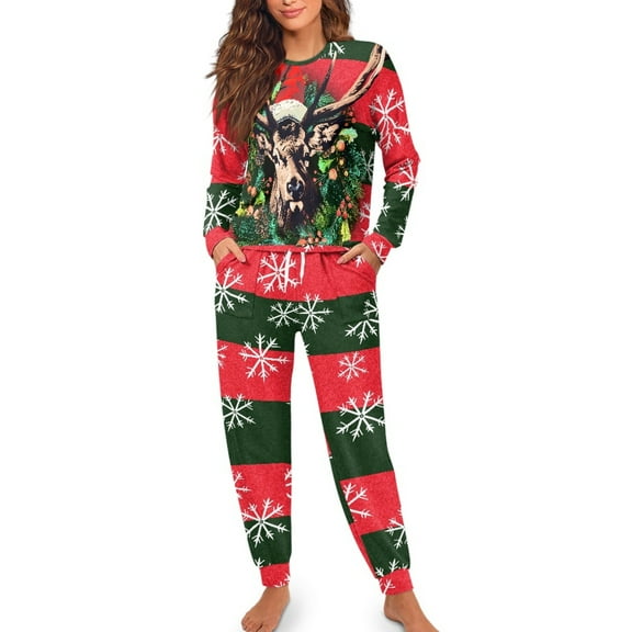 Yuyamidu Snowflake Women's Long Sleeve Pajamas with Drawstring Deer Pj Set Christmas Nightwear Shirts Pants with Pockets 2 Piece Fall Winter O Neck Sleep Wear Size M, Red Green Stripes