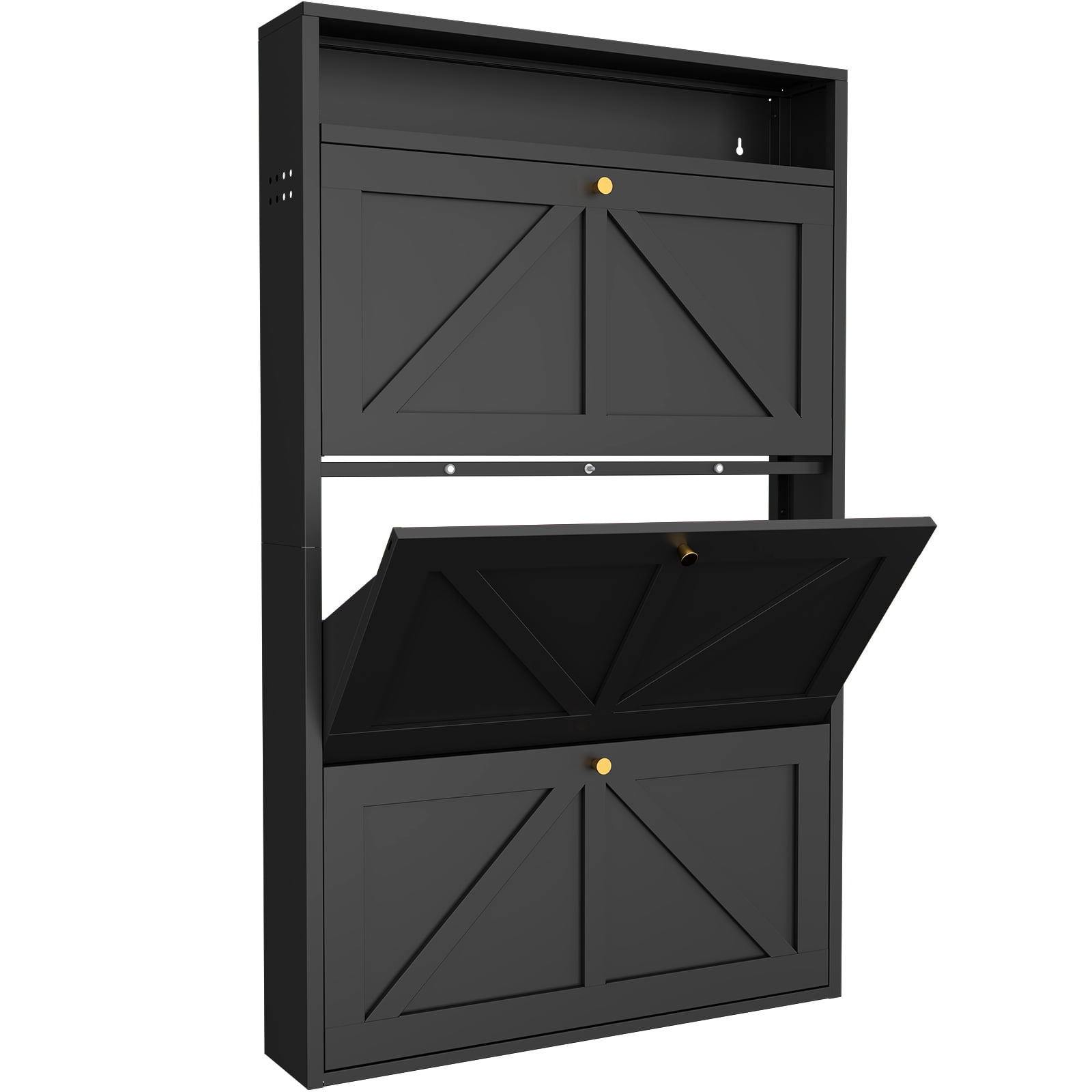 Aisword Modern Metal Shoe Cabinet with 3 Flip Drawers & Open Shelf,Narrow Slim Wall-Mounted Hidden Shoe Organizer Shoe Rack for Entryway,Black