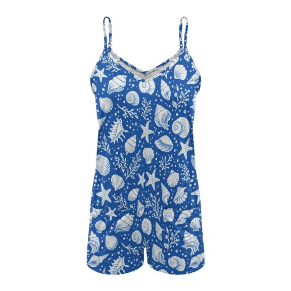 ZAITUBLES Womens Summer Casual Sleeveless Rompers 2026 Loose Shorts Outfit Adjustable Spaghetti Strap Jumpsuits with Front Pockets, Fabric, Starfish Seashell Blue Print, Size S