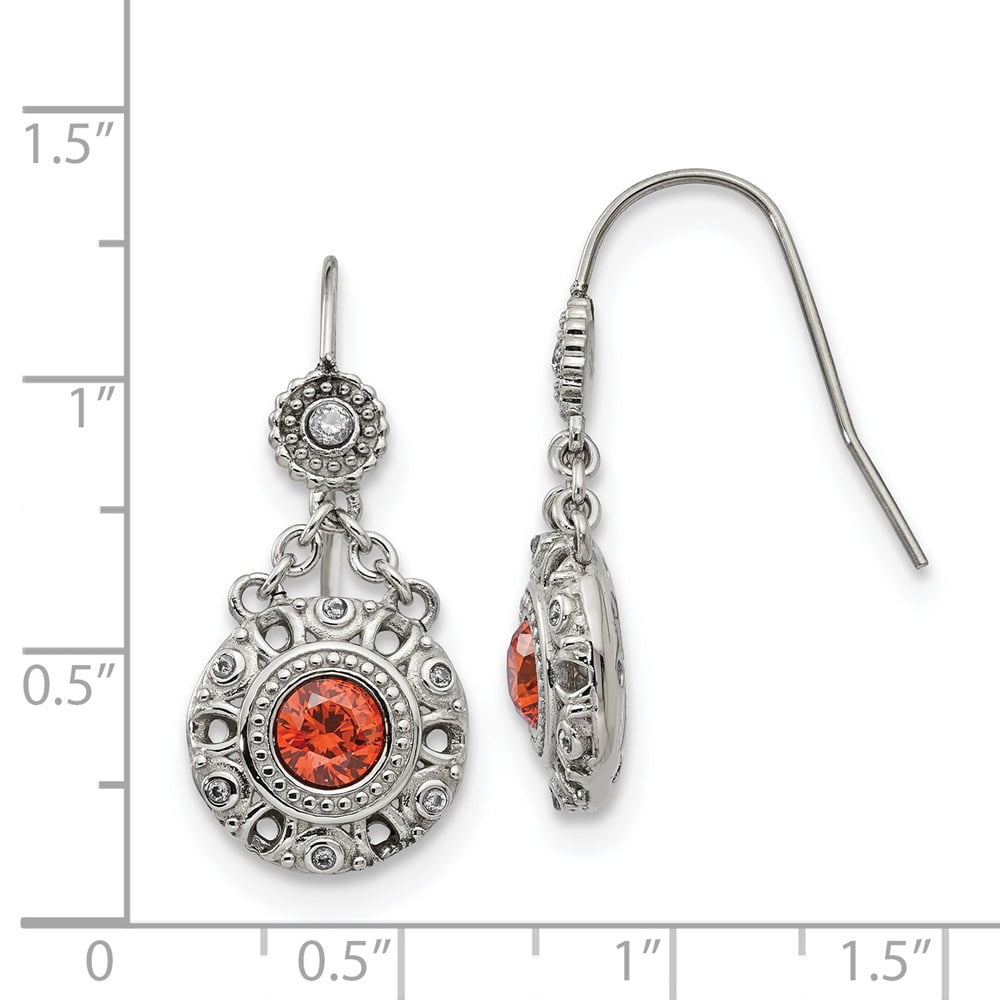Chisel Stainless Steel Polished Red and Clear CZ Circle Dangle Shepherd Hook Earrings