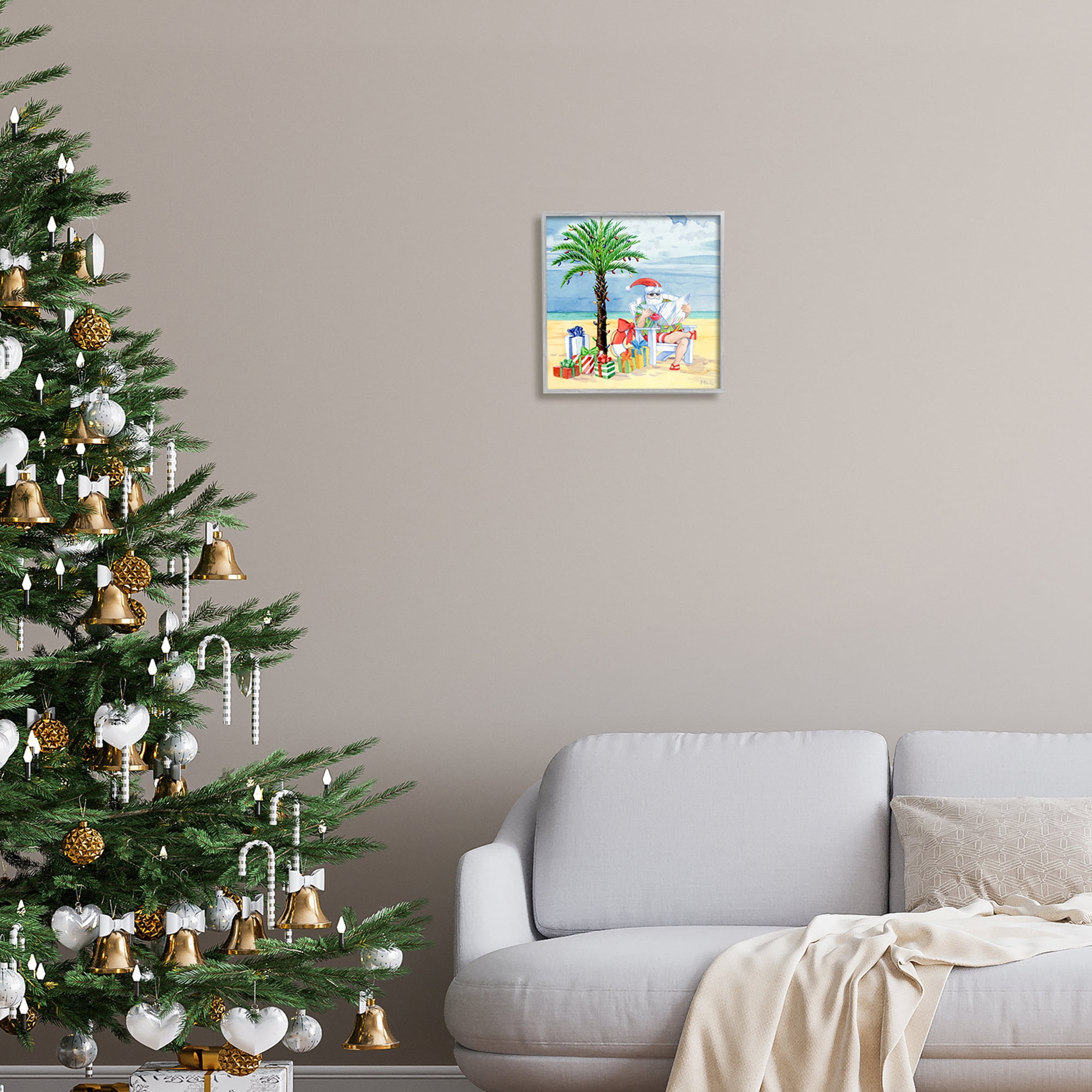 Stupell Industries Santa Claus on Beach Holiday Painting Gray Framed Art Print Wall Art, 12 x 12