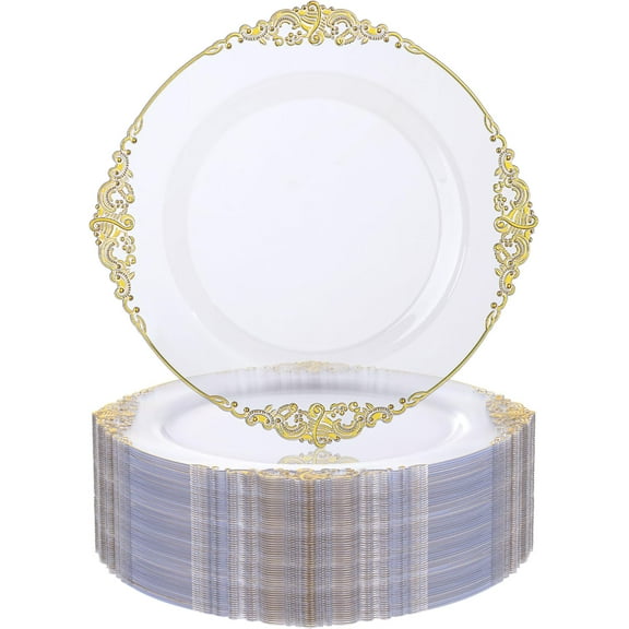 100PCS Clear and Gold Plastic Plates - 10.25Inch Gold Disposable Plates - Heavyweight Dinner Plate for Wedding & Party & Thanksgiving