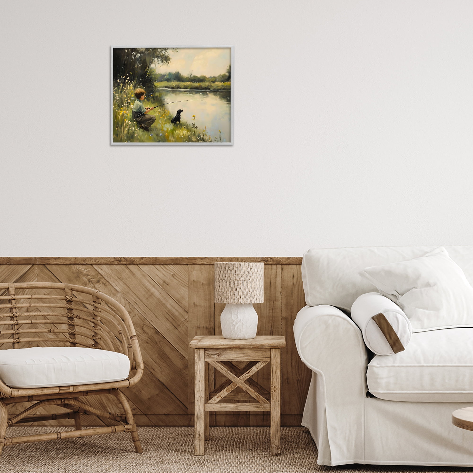 Boy & Puppy Fishing Gray Framed Giclee Art, design by Arlington Prints