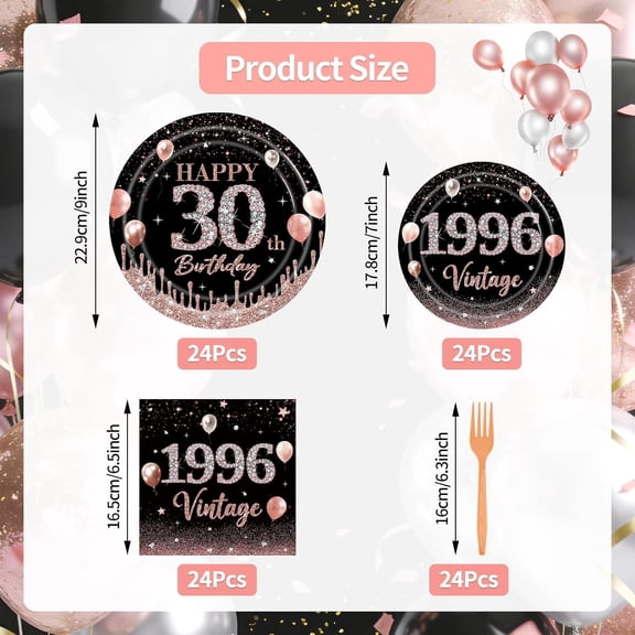 UDGIU-96 Pieces 30th Birthday Tableware Set – Black and Rose Gold Disposable Plates, Napkins and Forks with “Happy 30th Birthday” & 1996 Vintage Design – Serves 24 Guests