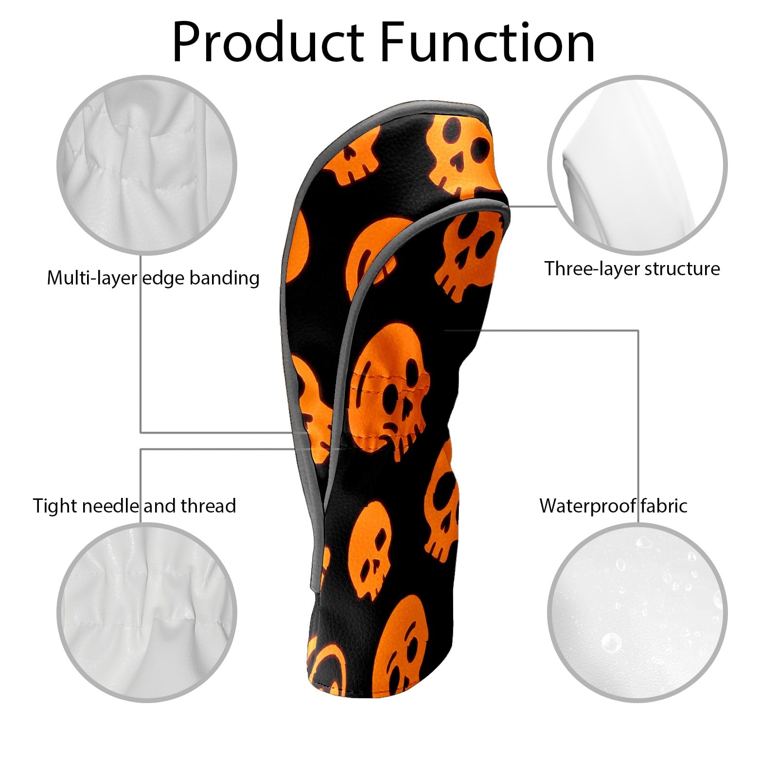 Golf Club Covers, Orange Skeleton Premium PU Leather Driver Hybrid Putter Head Covers with Velvet Lining, Waterproof Golf Gifts for Men Women