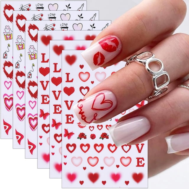 Pegatinas para uñas NZRAESTRS, 6 hojas, arte de corazones para San Valentín