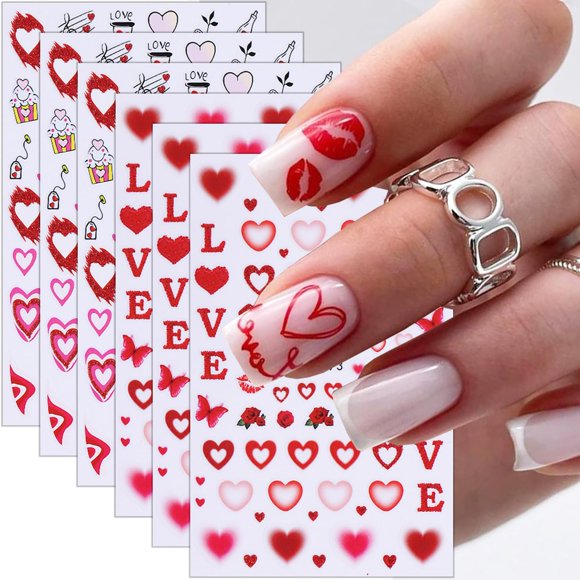 Pegatinas para uñas NZRAESTRS, 6 hojas, arte de corazones para San Valentín