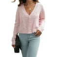 thumbnail image 3 of Cardigan Sweaters for Women Chunky Knit Cardigan Long Sleeve V-Neck Button Sweater Jacket Fall Winter Pink S, 3 of 9