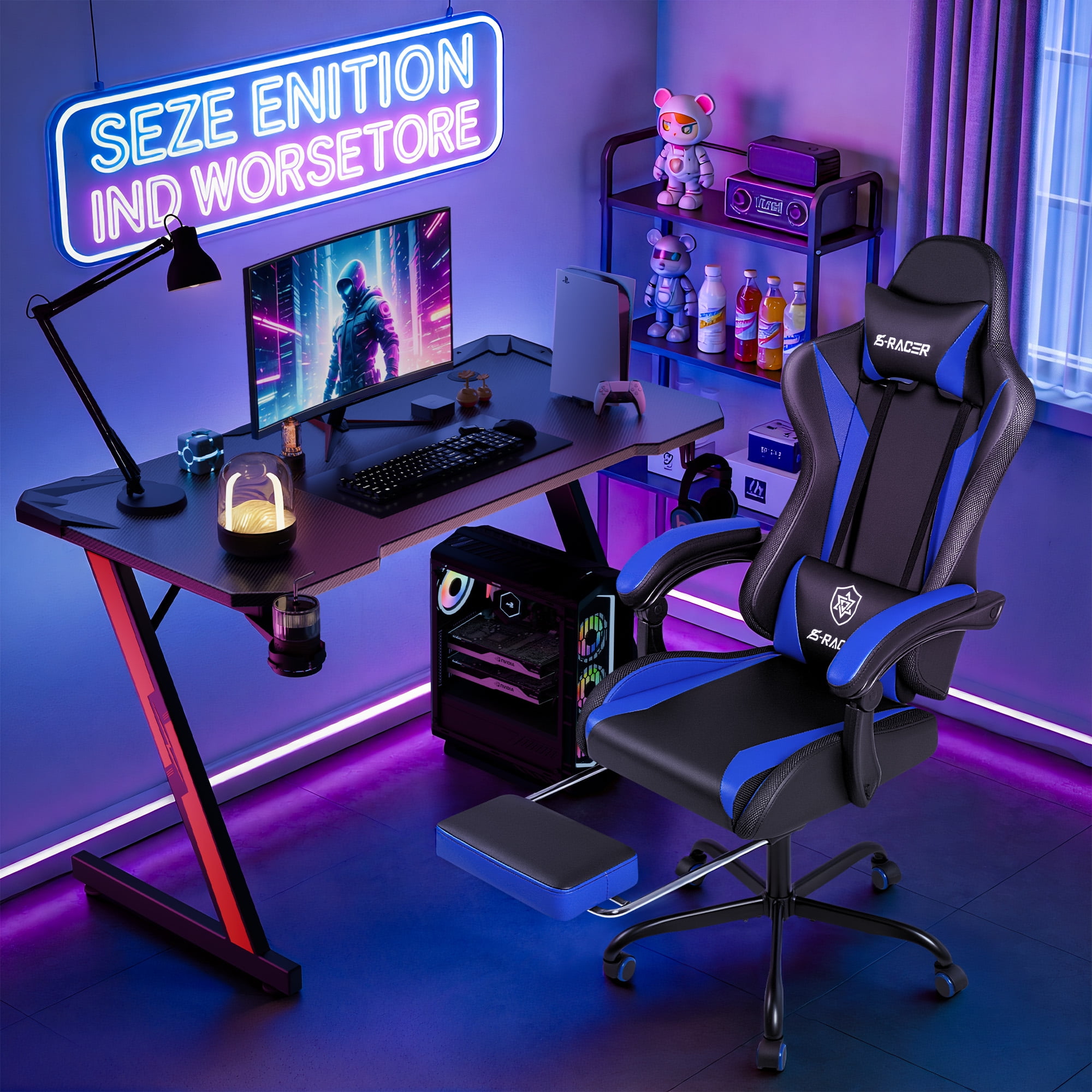 Homall RGB Gaming Chair Massage Reclining Racing Chair with APP & Remote Control, Audio Sync LED, Footrest & Headrest, Blue