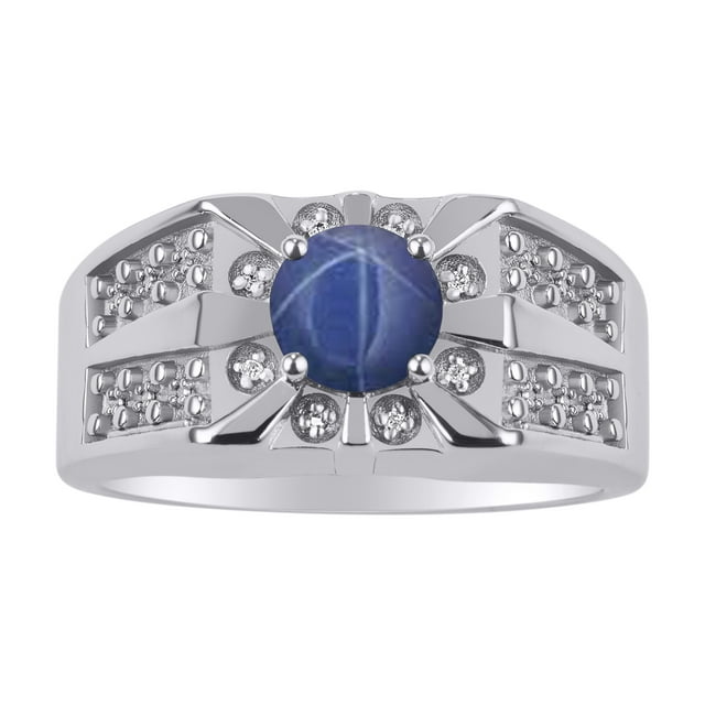 RYLOS Men's Rings Sterling Silver Designer Starburst 7MM Round Gemstone & Diamond Ring Blue Star Sapphire September Size 12