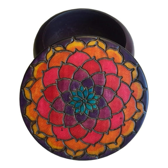 Handmade Round Purple Wooden Box Lotus Flower Keepsake Wooden Art Jewelry Box Made in Poland