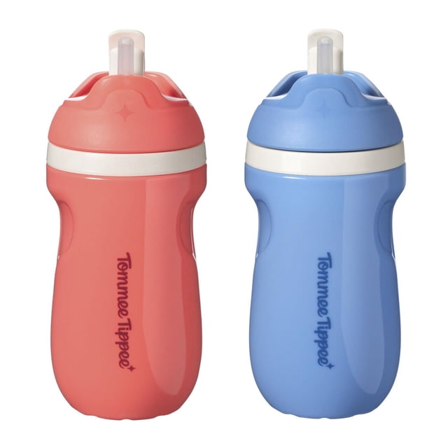 Tommee Tippee Sporty Straw Bottle, 2x9oz, Spill Proof Toddler Water Bottle For 12 Months+, Flip Lid Helps Keep Straw Clean, Blue and Red