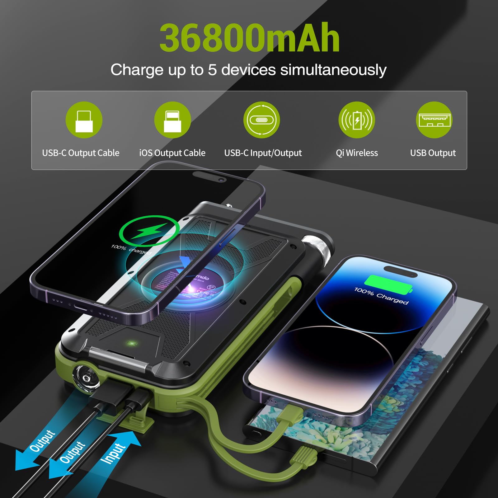 36800mAh, Power Bank with FM Radio, 15W QC 3.0 Fast Charging, Wireless Charger, Bright Flashlight, for Smartphones & USB Devices.