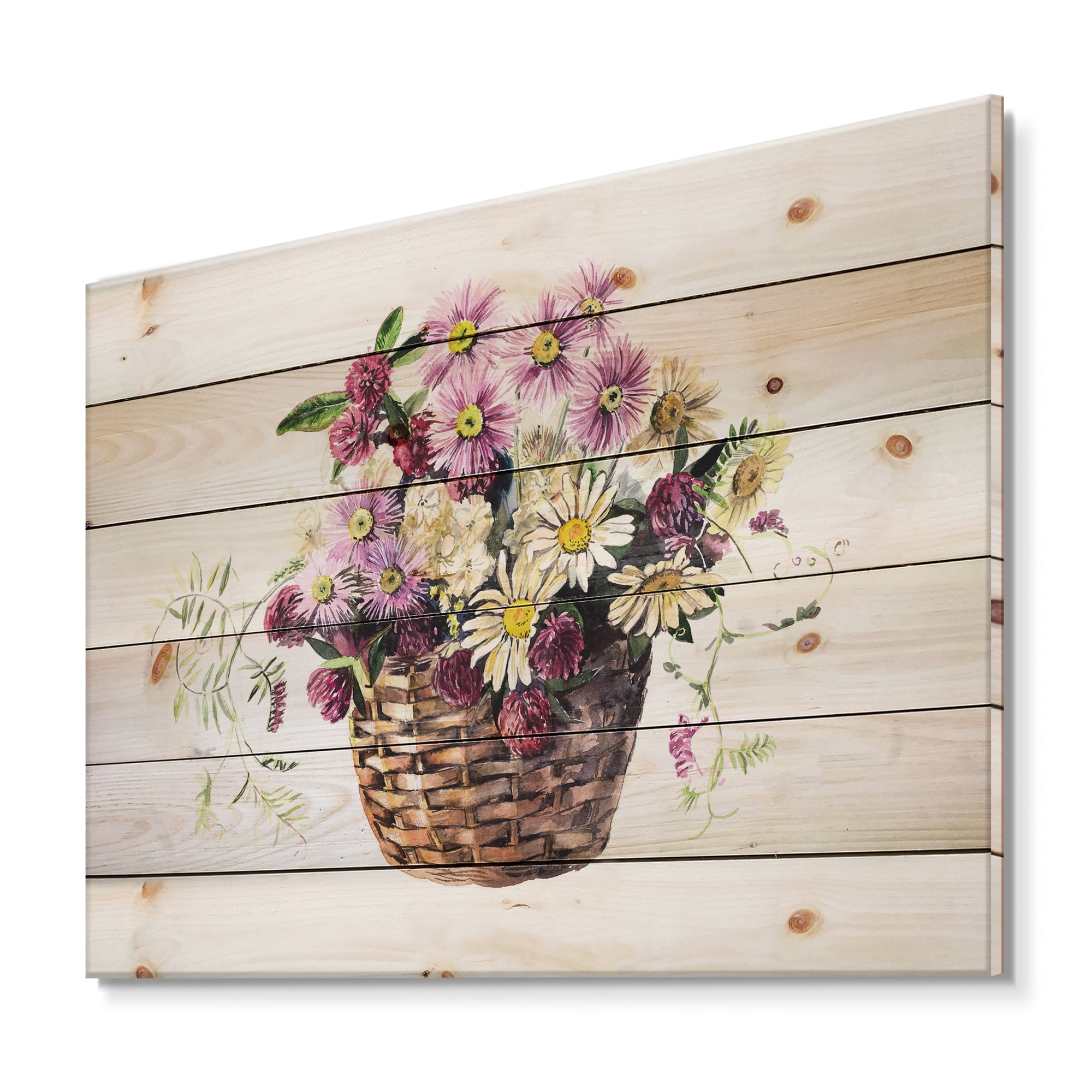 Designart 'The Basket Bouquet From Meadow Flowers' Traditional Print on Natural Pine Wood