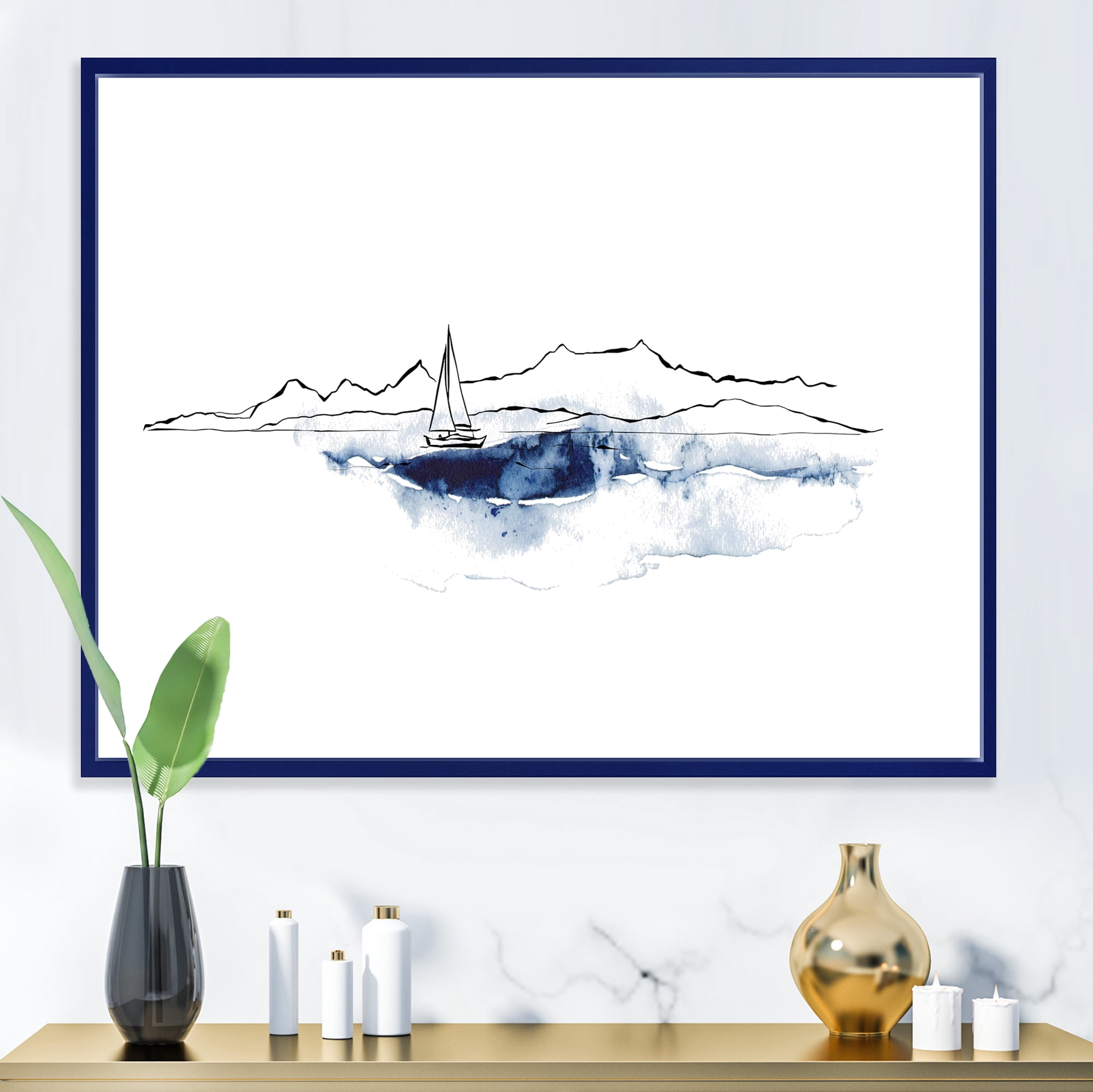 Designart 'Minimalistic Seascape With Boat and Black Mountains' Nautical & Coastal Framed Canvas Wall Art Print