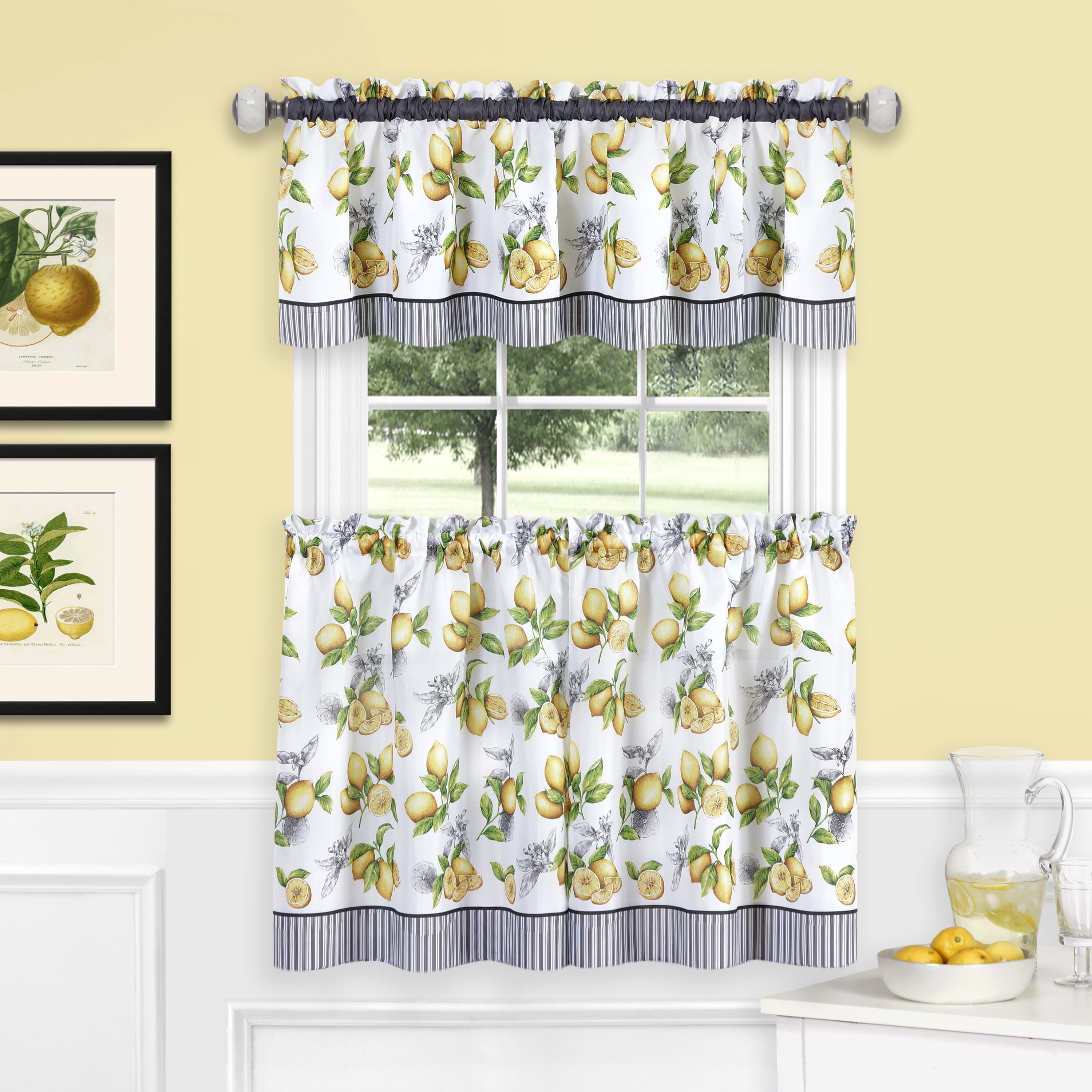 Lemons On Vine Complete Kitchen Curtain, Curtain Tier And Valance Set