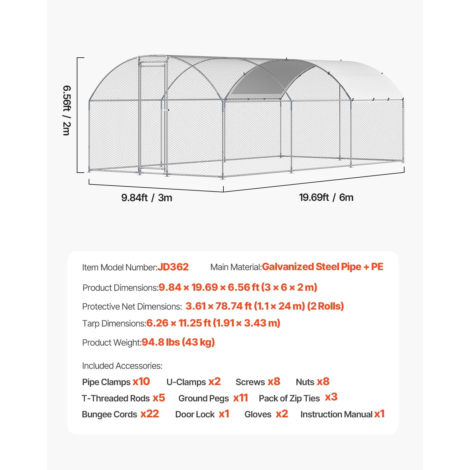 Metal Chicken Coop, Walk-in Chicken Run with Cover Doom Roof 9.8x19.6x6.5ft